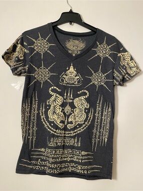 100% Cotton Black V-Neck Graphic Tee with Gold Print